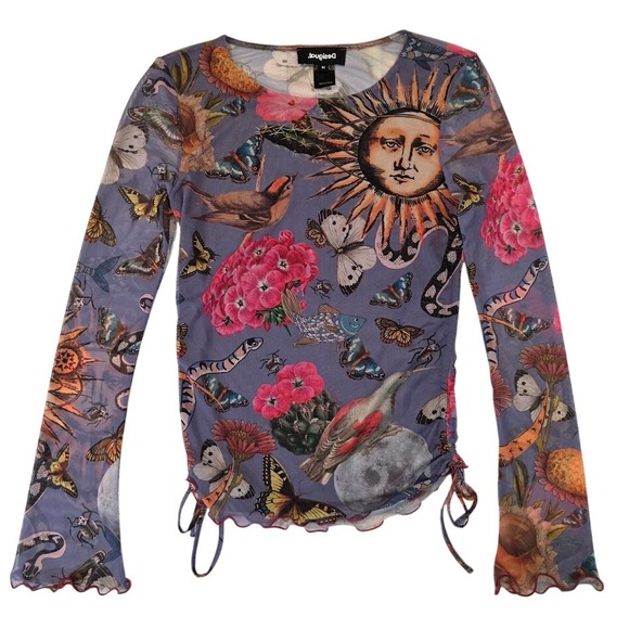 Desigual Tops - Desigual Women's M Sheer Mesh Top Blue Celestial Nature L/S Ruched Lettuce Edge